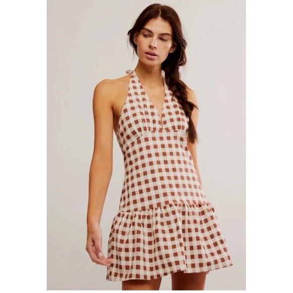 Free People Dresses & Skirts - Free People Cecil Flounce Hem Cotton Blend Halter Plaid Minidress Sz M‎